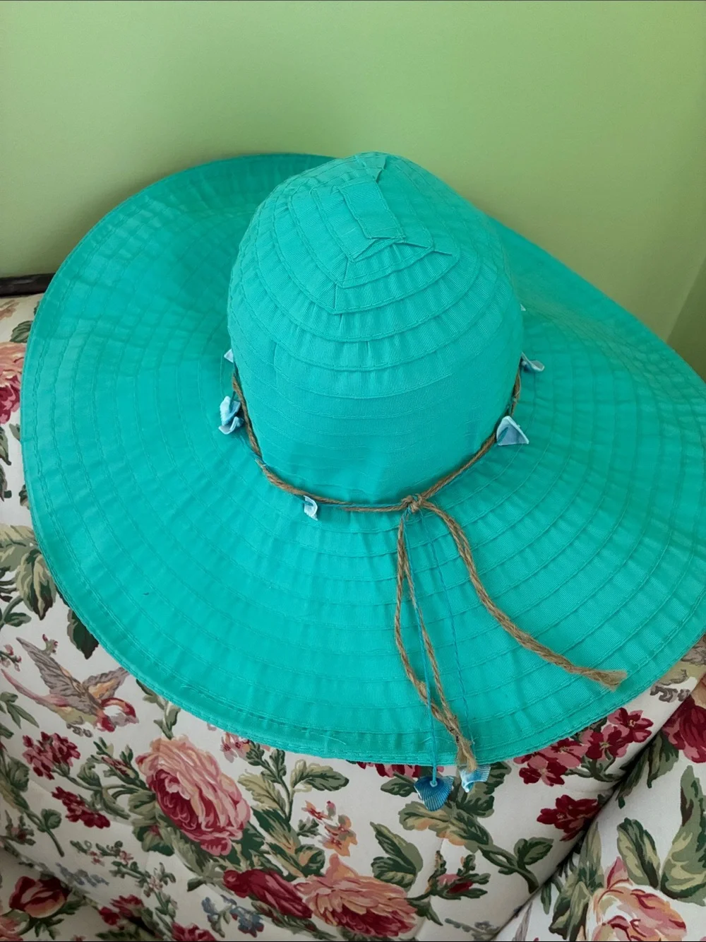 Women’s Turquoise Wide-Brim Sun Hat with Twine Accent